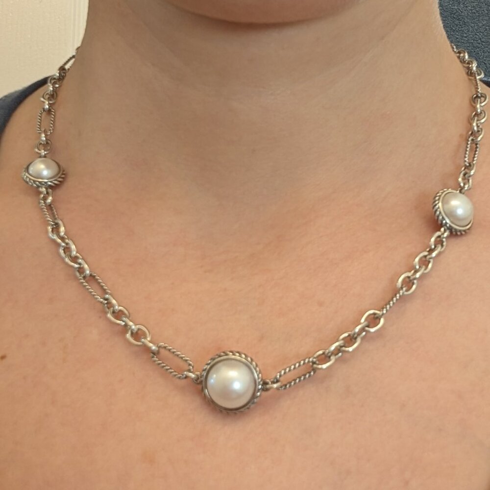David Yurman Sterling Silver Assymetrical Pearl Cable Figaro Chain Necklace